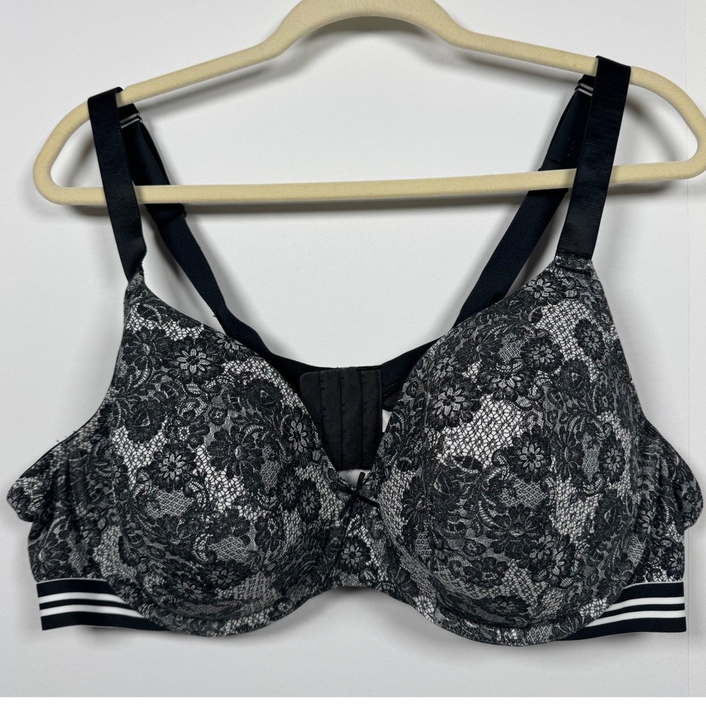 Cacique 46C Bra Black Floral Lace Lightly Lined Full Coverage Stripe Band Sporty